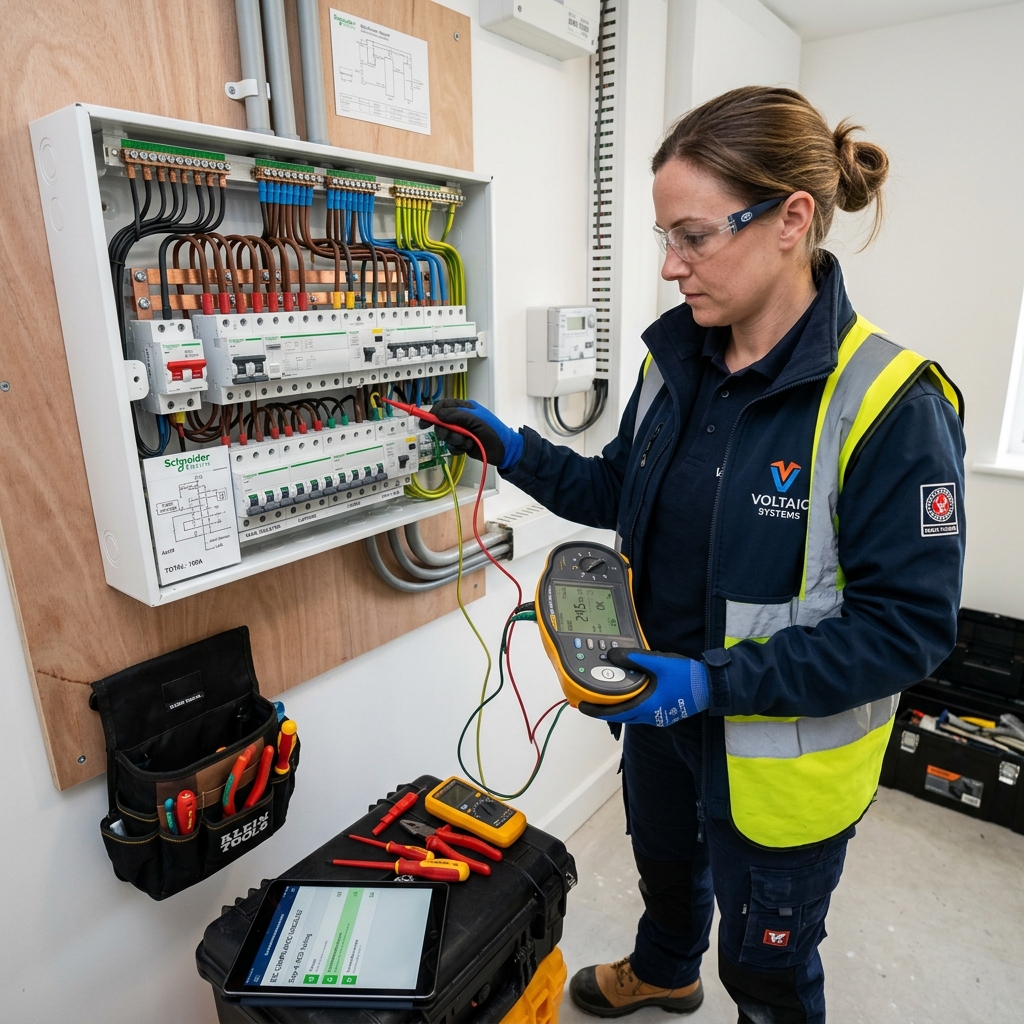 Technician wiring a modern distribution board