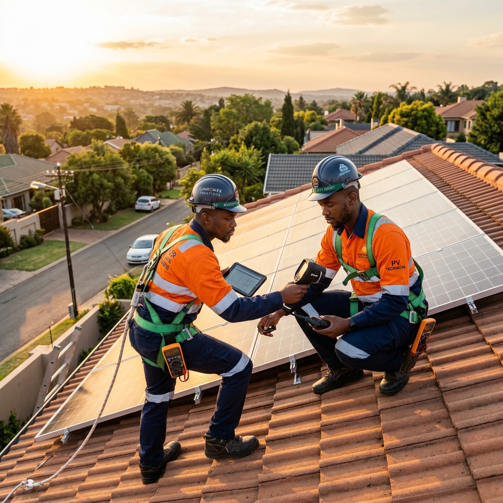 Professional South African solar technician inspecting a modern residential solar installation